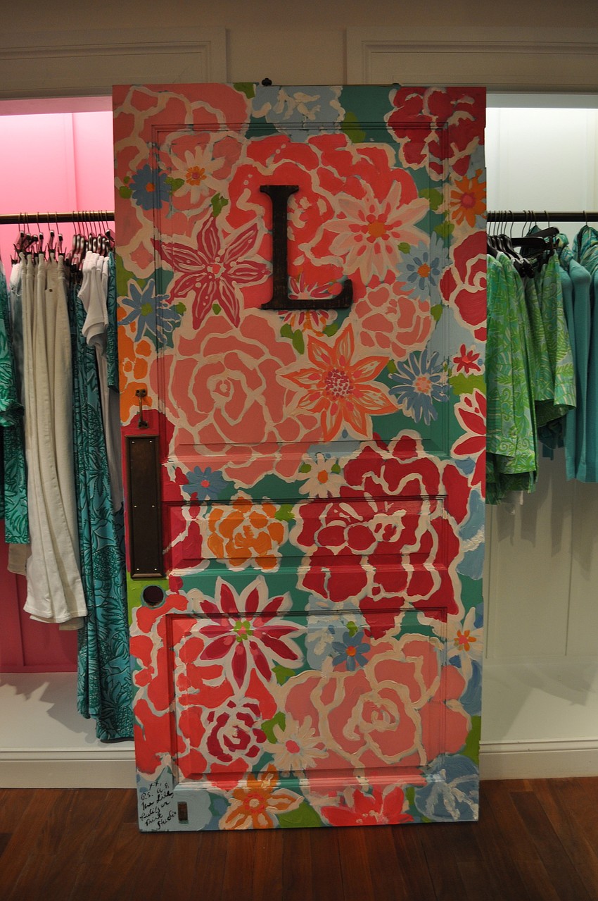 The original door painted by the Lilly Pulitzer fabric designers, which will be auctioned off at Ringling in Bloom in February.