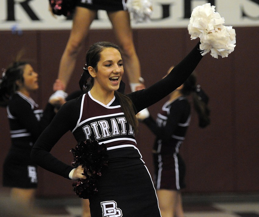 Sophomore Hailey Bouche cheers for Braden Riverâ€™s JV squad.