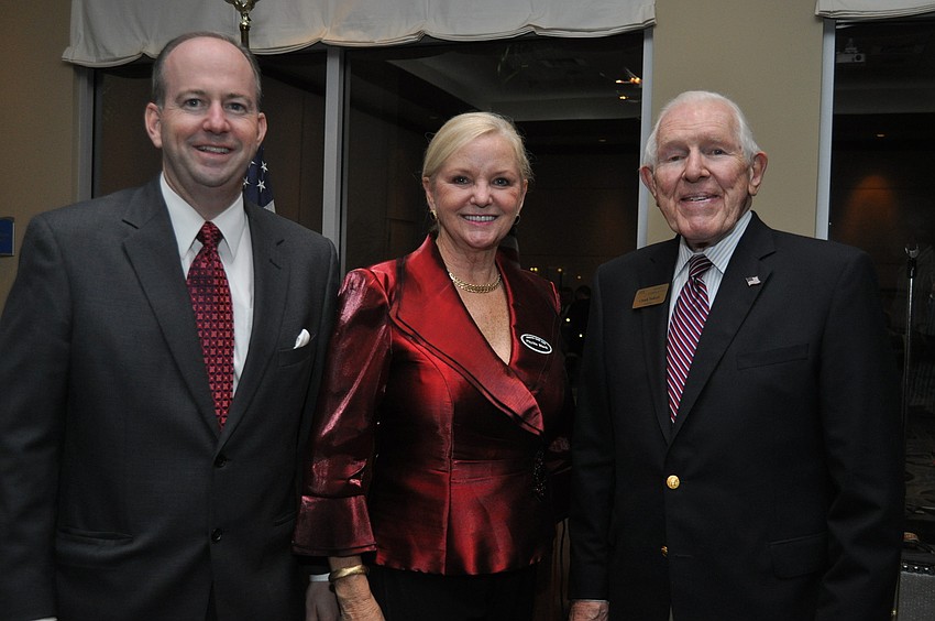 Senate Candidate and speaker George Lemieux with Longboat Key Republican Club Phyllis Black and Sarasota Republican Club President Charles Volkert