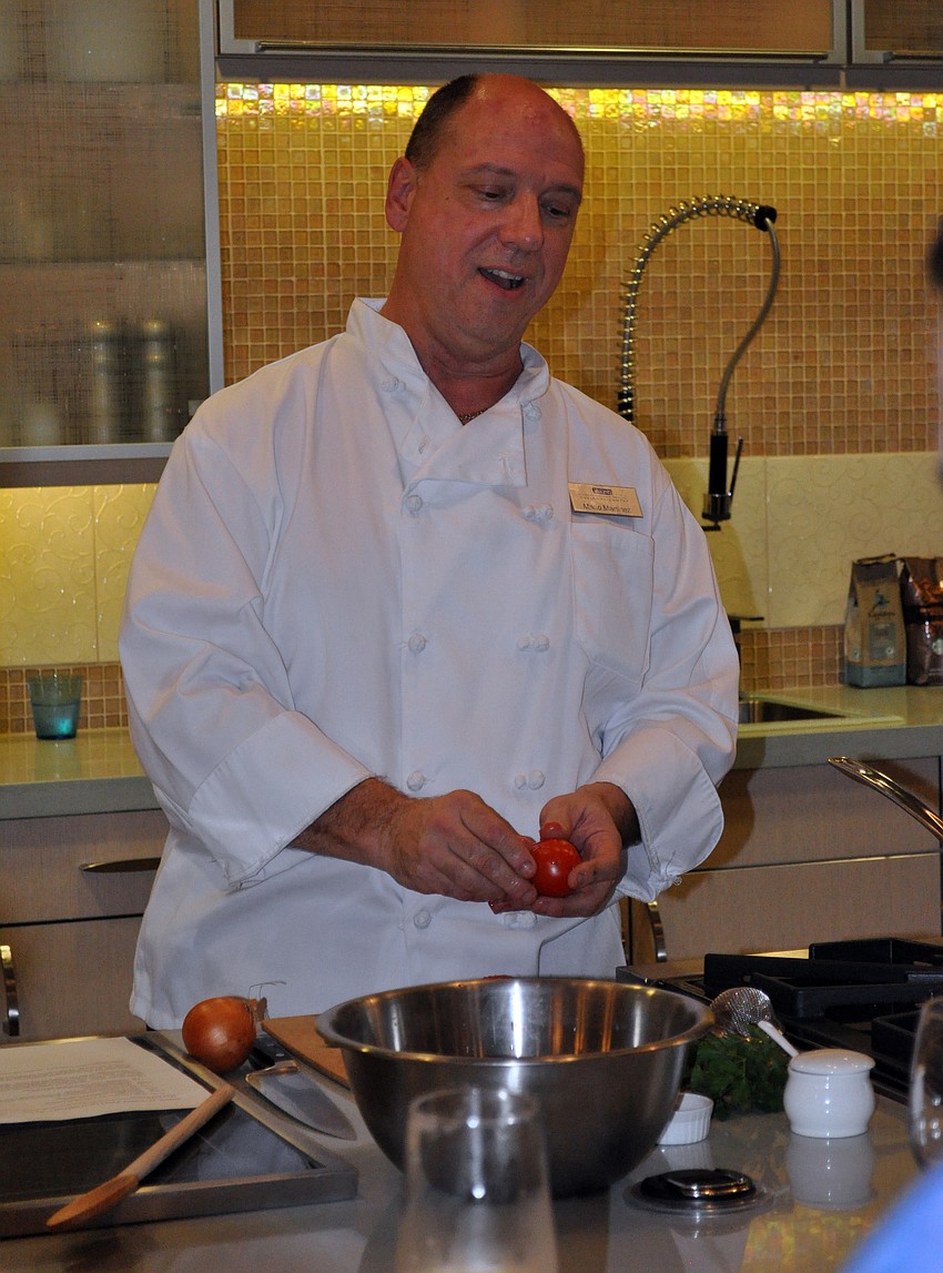 Executive chef and senior instructor Mario Martinez demonstrated how to make shrimp, artichoke and feta cavatappi pasta.