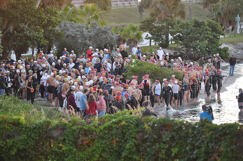 Athletes prepare for the start of the triathlon
