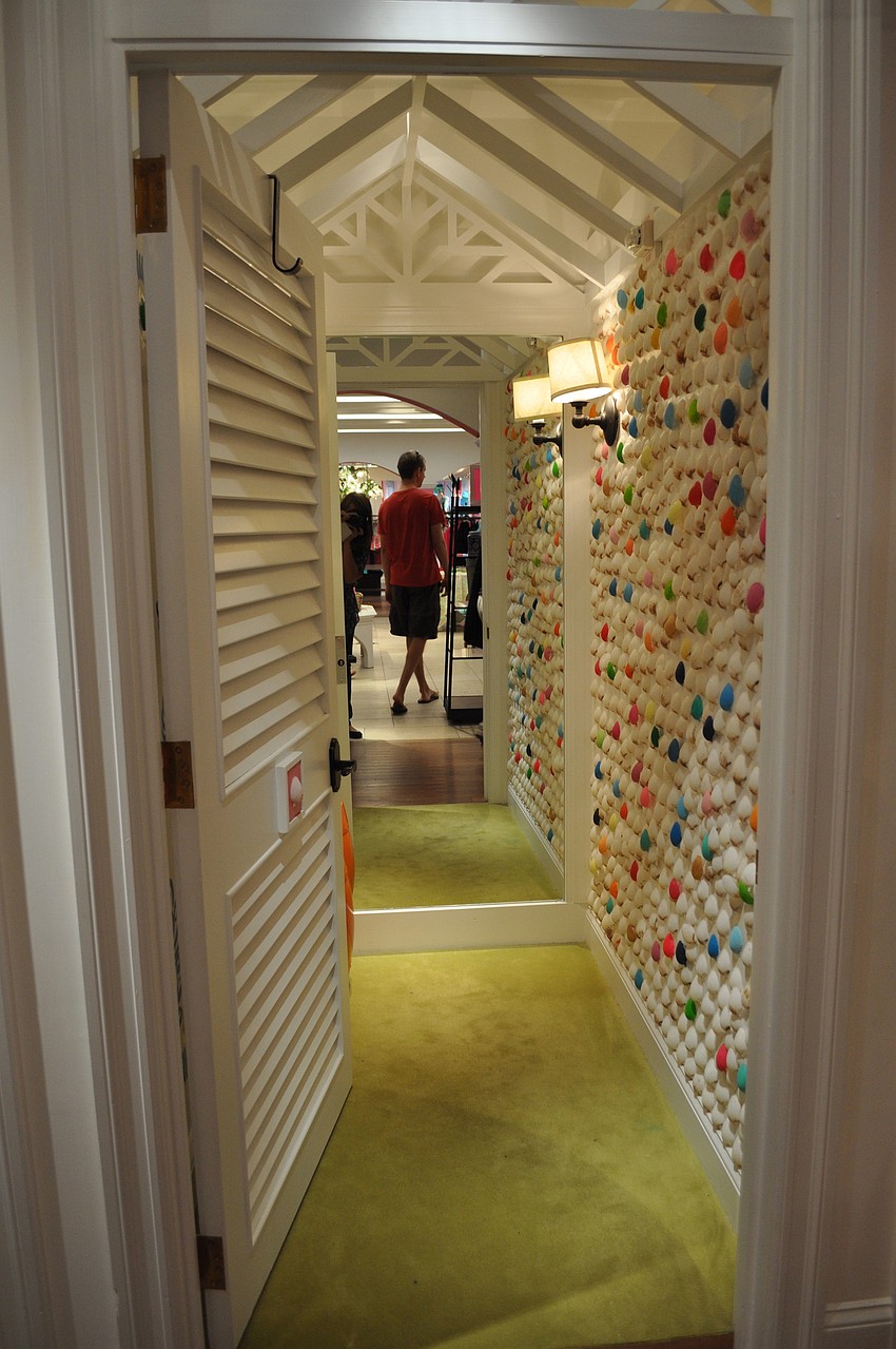 The dressing room wall was covered with painted shells.