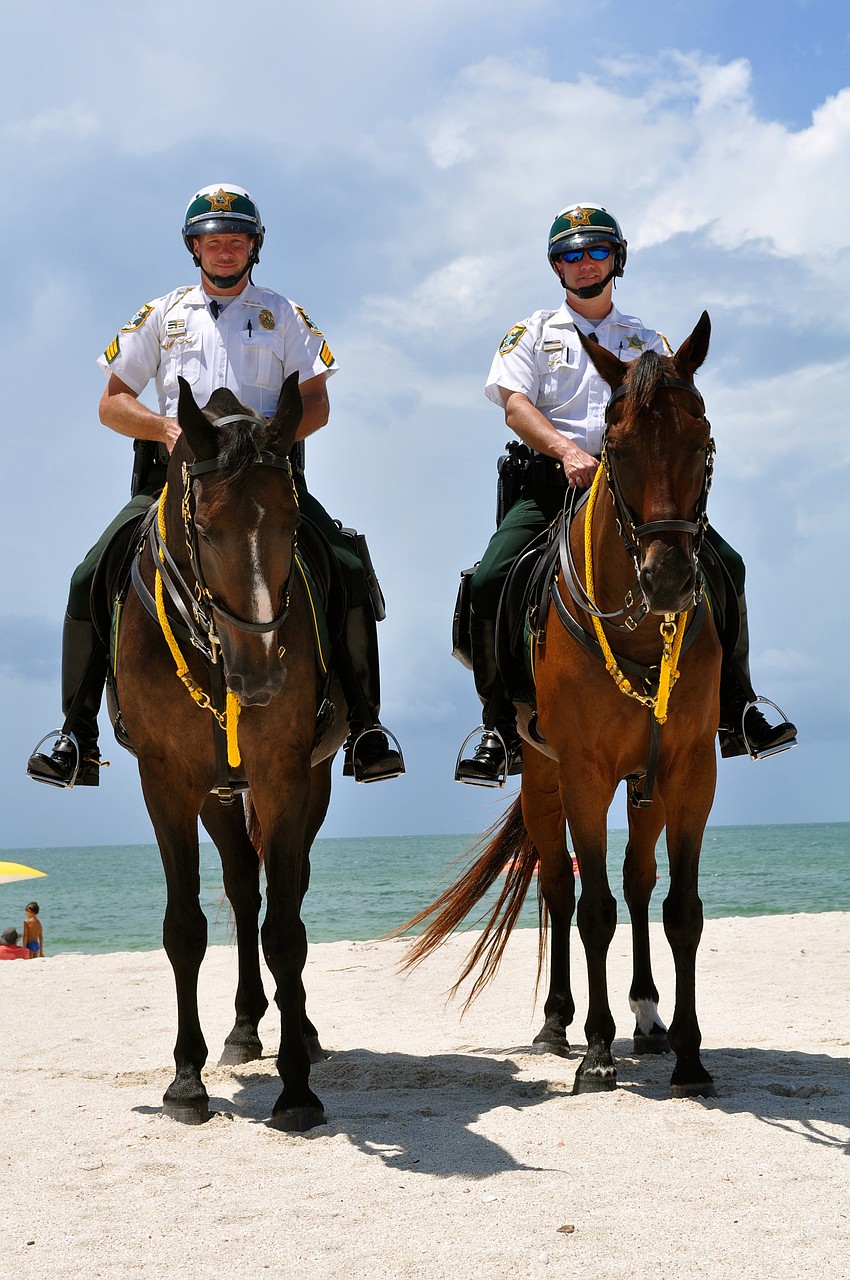 Sgt. Chris Laster, on Patriot, and Deputy Sean Brophy, atop Valor, patrol Nokomis Public beach; they were photographed in September during their daily duties.