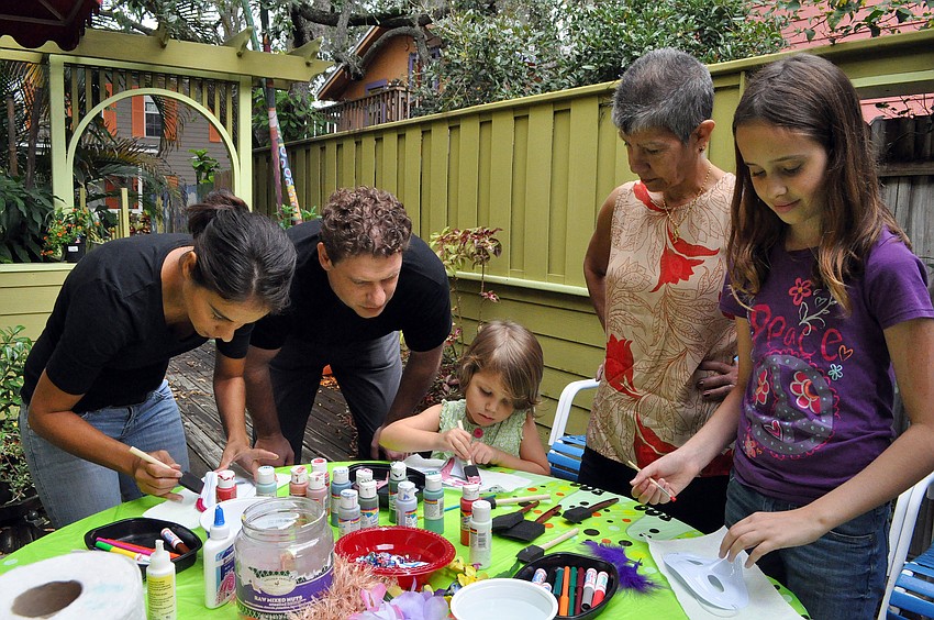 The whole family got into making masks, Saturday, Oct. 29, during Family Mask Day at Artists on the Court. From left, Yazzie Bruss-Schulz, Ben Schulz, Charleigh Bruss-Schulz, 3, Dulce Bruss and Hannah Leahy, 10.