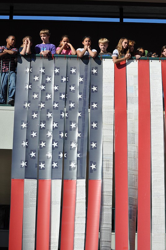Every year as part of the ceremony, the school hangs two flags, each inscribed with the names of soldiers who died in the Korean War.