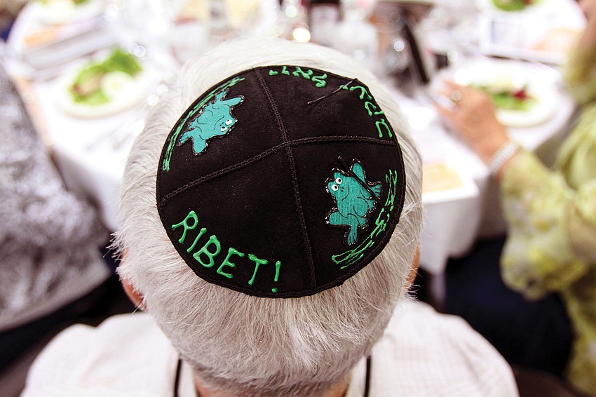 Cantor Joel Reznick wore a personalized yamaka in April to Temple Emanu-El's Seder dinner.