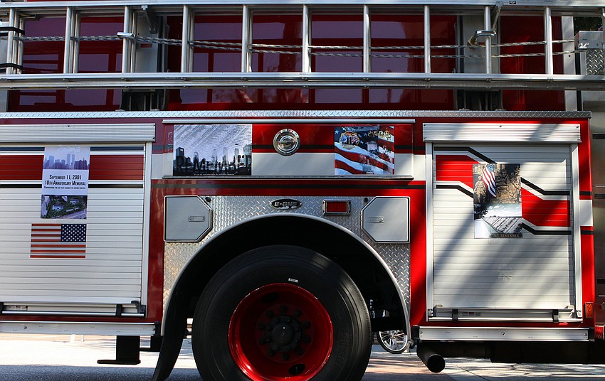 A fire truck was decorated with posters having to do with the 10-year anniversary of 9/11 Sunday, Sept. 11, during the Remembrance March and Celebration.