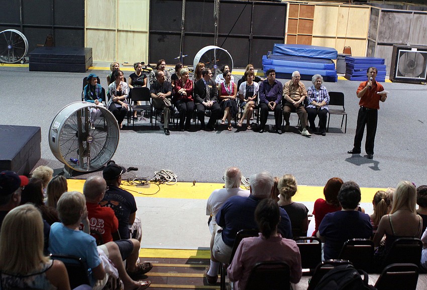 Pedro Reis talks to the parents and students who sat in the bleachers Friday, Oct. 7 inside the Sailor Circus Big Top.