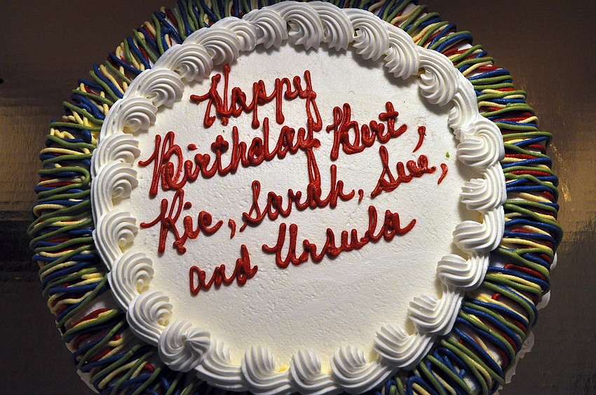 The birthday cake wished a happy birthday to Bert Fivelson, Ric Gregoria, Sarah Elbert, Sue Jacobson and Ursula Pearson.