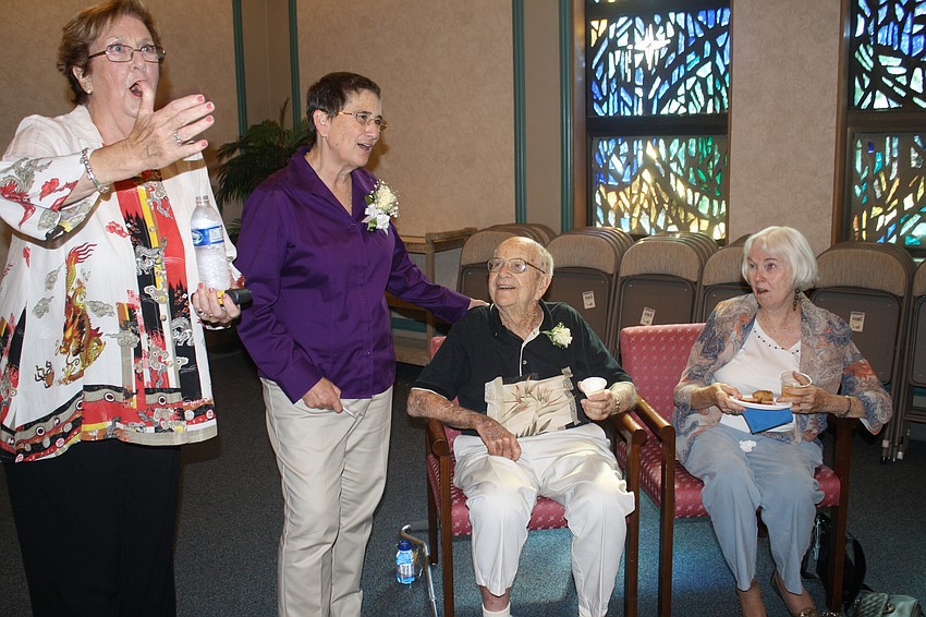 Mary Elizabeth Carey, Sue Rico, Jim Brown and Zudie Schnedar sing â€œMargieâ€ by Fats Domino in honor of Jim Brownâ€™s late wife, Marge.