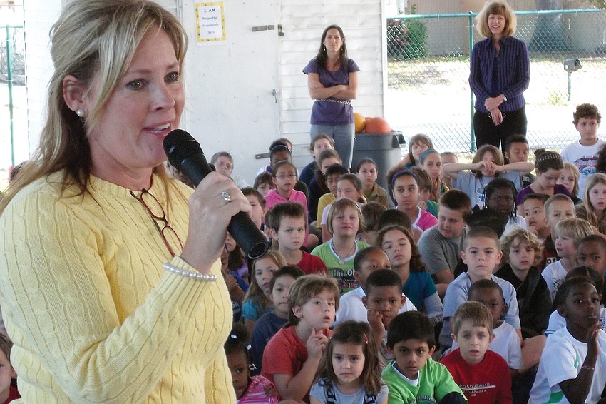 Melissa Owens, Sarasota County Elementary School Teacher of the Year, addressed students at Bay Haven School for Basics Plus.