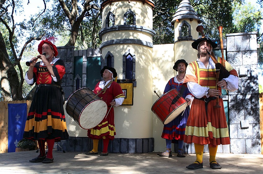 Wolgemut, a band that plays ancient German bagpipes & bombastic drums, performs on the Castle Stage.