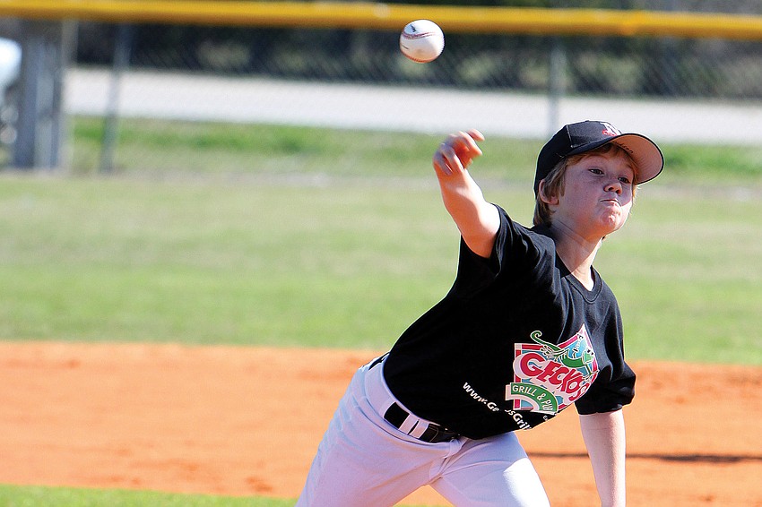 Jackson Temple hurled a pitch toward home plate in February at the opening day of Central Sarasota County Little League.
