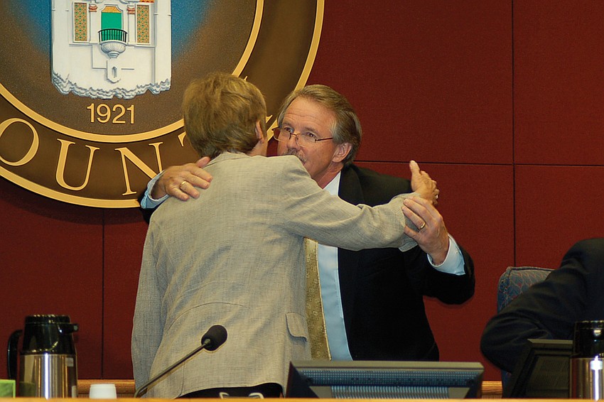 Ley-Patterson: After 14 years as Sarasota County administrator, Jim Ley shook hands with all five county commissioners, including Chairwoman Nora Patterson, at the May meeting when the County Commission accepted his resignation.