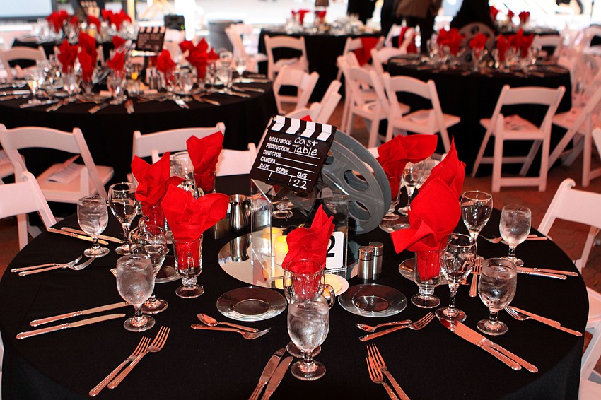 The dinner tables for the gala were decked out in red, black and white with clapboards and movie reels.