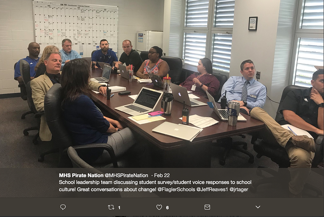 This Twitter post by @MHSPirateNation shows administrators at Matanzas High School discussing a survey about "student voice" on Feb. 22.