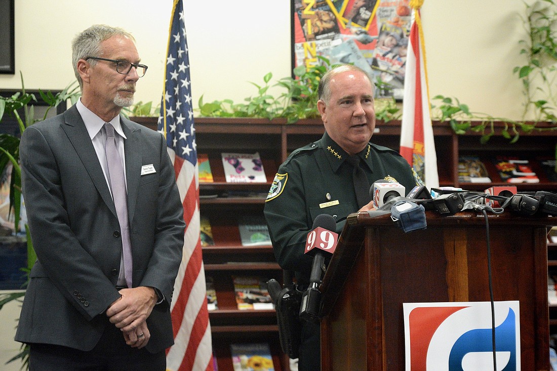 Flagler County Sheriff Rick Staly speaks during a press conference March 8 as Flagler Schools Superintendent James Tager looks on. (Photo by Jonathan Simmons)