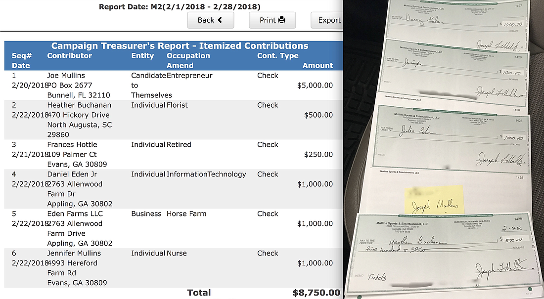 Checks from Mullins shown in the photo supplied by Heather Buchanan match up with most of Mullins' campaign donations as show at left on the Supervisor of Elections Office website. The Observer has blurred out the account numbers.