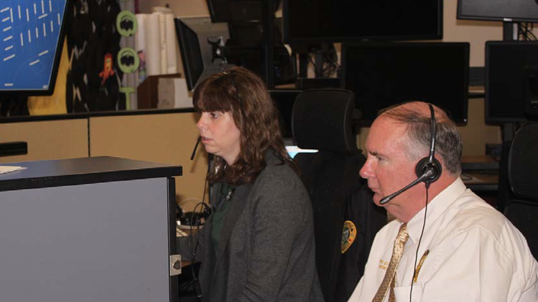 Communications Specialist Josie Gammon and Sheriff Staly during Telecommunications Week last year. (Photo courtesy of the FCSO)