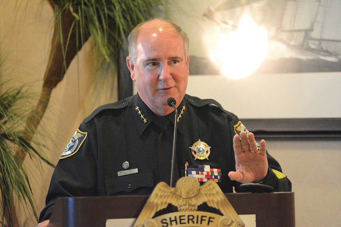 Sheriff Rick Staly addresses an audience of about 80 on April 19. (Photo by Jonathan Simmons)