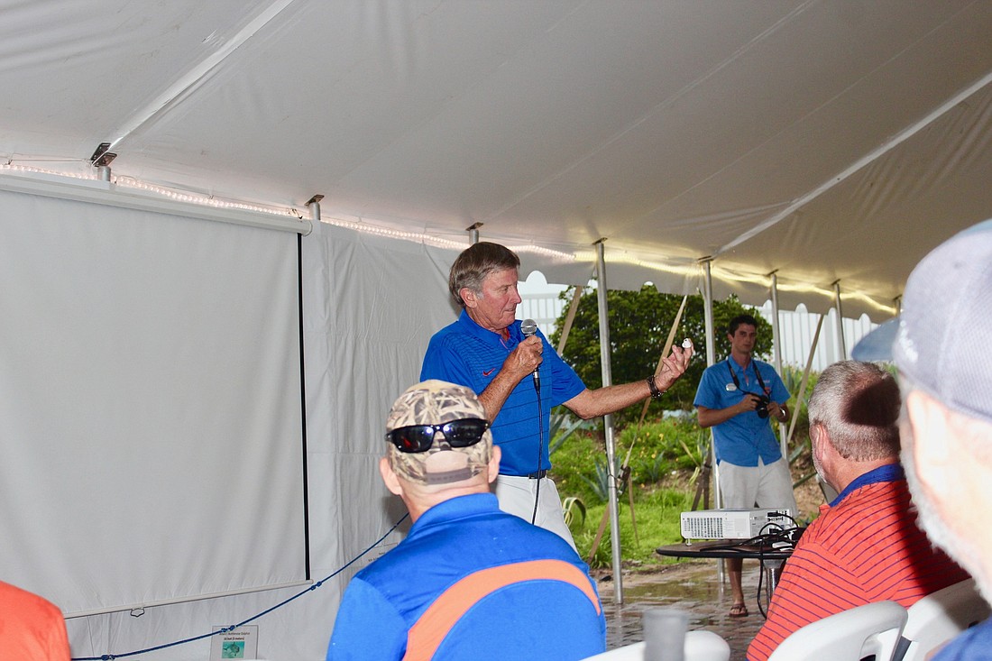 Steve Spurrier addresses the crowd at "Gator Night." Photo by Ray Boone