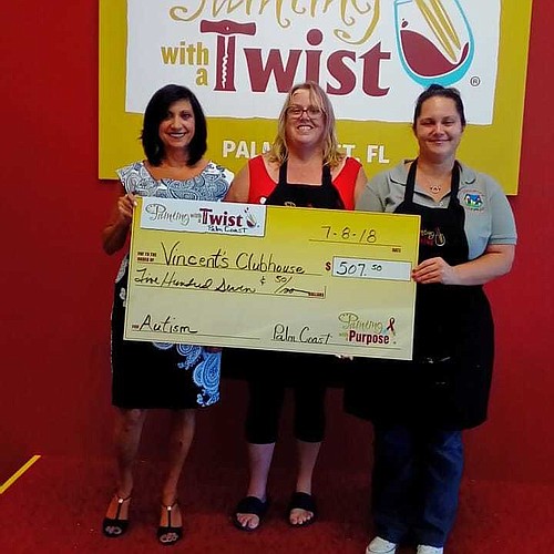 Cyndi Morelewicz, Yvonne Bianco and Erica Cona pose with the check Painting With a Twist donated to Vincent's Clubhouse after its paint fundraiser. Photo courtesy Painting With a Twist