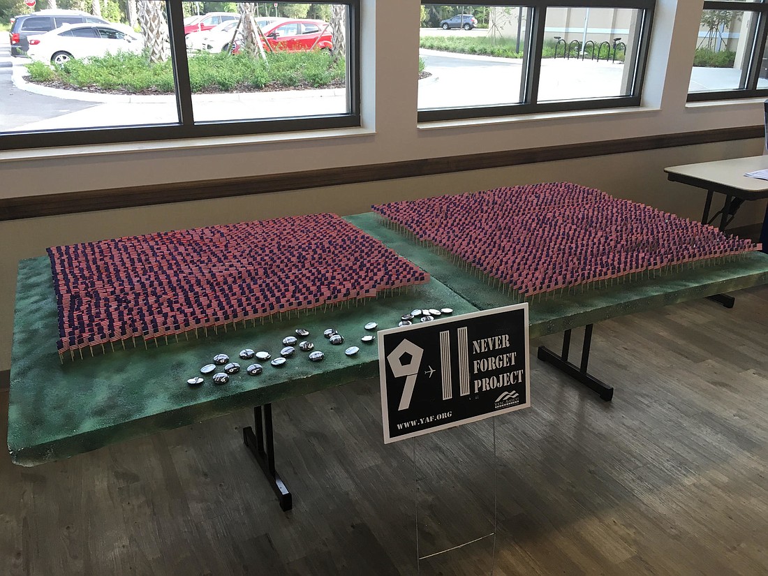 A display made by the Flagler County Teenage Republicans will be showcased at the Elks Lodge ceremony; it is 8-by-4 feet and contains 2,977 flags, each for someone killed on 9/11. Photo courtesy of FCTARS