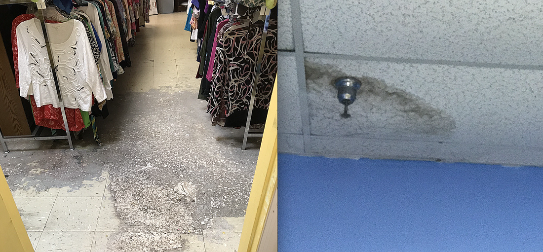Flooring damage and water-damaged ceiling tiles at the old Flagler Humane Society Thrift Store location in St. Joe Plaza. (Photos courtesy of Amy Carotenuto.)