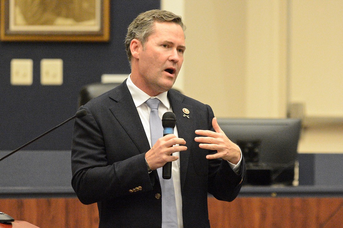 Rep. Michael Waltz addresses the Flagler County Commission Feb. 18. (Photo by Jonathan Simmons)