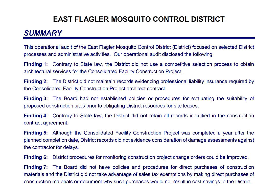 The summary findings page from the state Auditor General's audit of the East Flagler Mosquito Control District.
