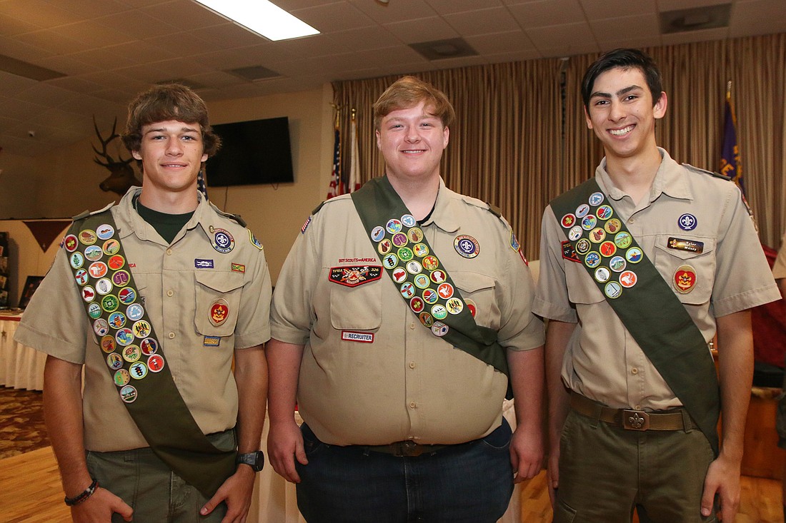 FPC students Casey Leeman, Morgan Metz and Tyler Wilsey become Eagle Scouts. Photo by Paige Wilson