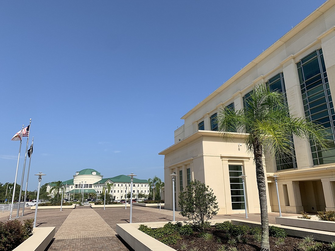 The Flagler County Government Services Building, which is where the County Commission meets, is across the parking lot from the Kim C. Hammond Justice Center. Photo by Brian McMillan