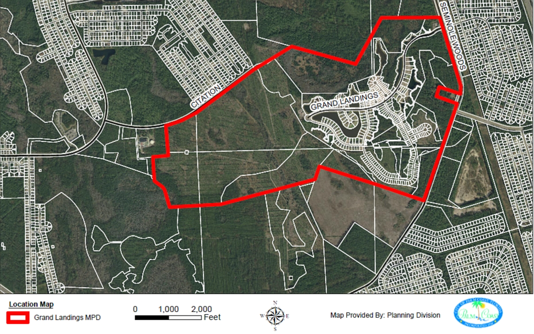 The Grand Landings MPD: The eastern side has been developed, and additional homes are planned for the western side of the property. (Image courtesy of the city of Palm Coast)