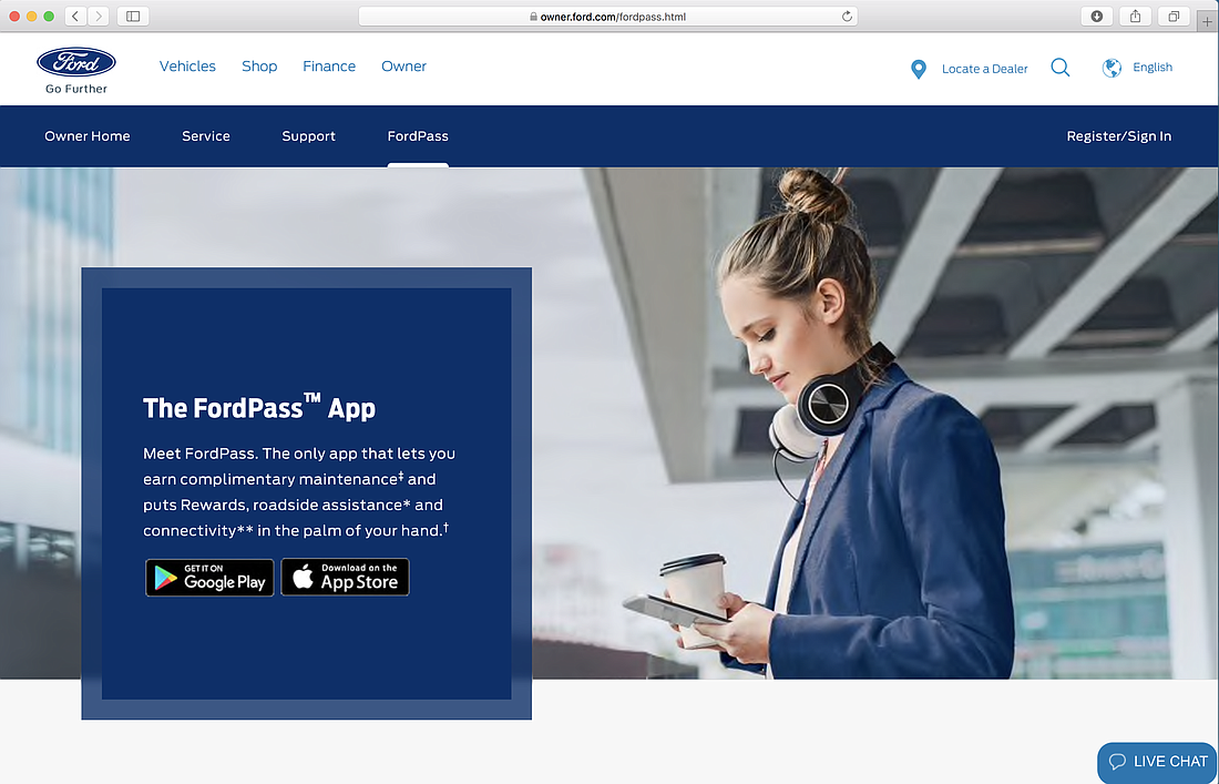 The homepage for the FordPass app website, at https://owner.ford.com/fordpass.html.