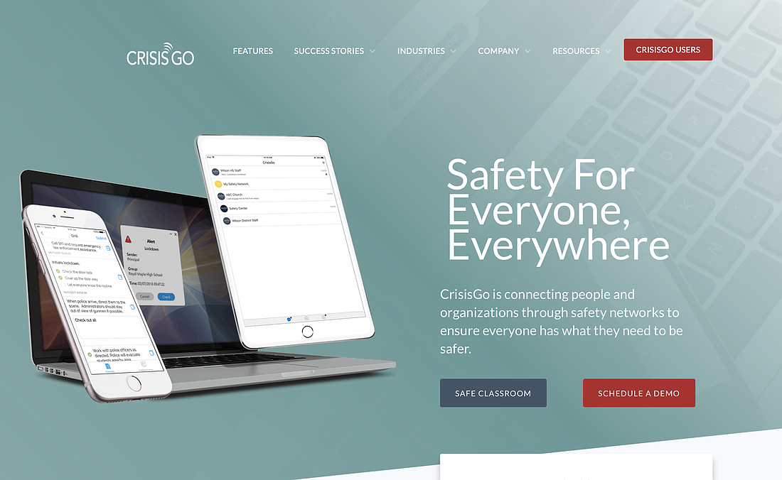 The CrisisGo homepage at https://www.crisisgo.com.