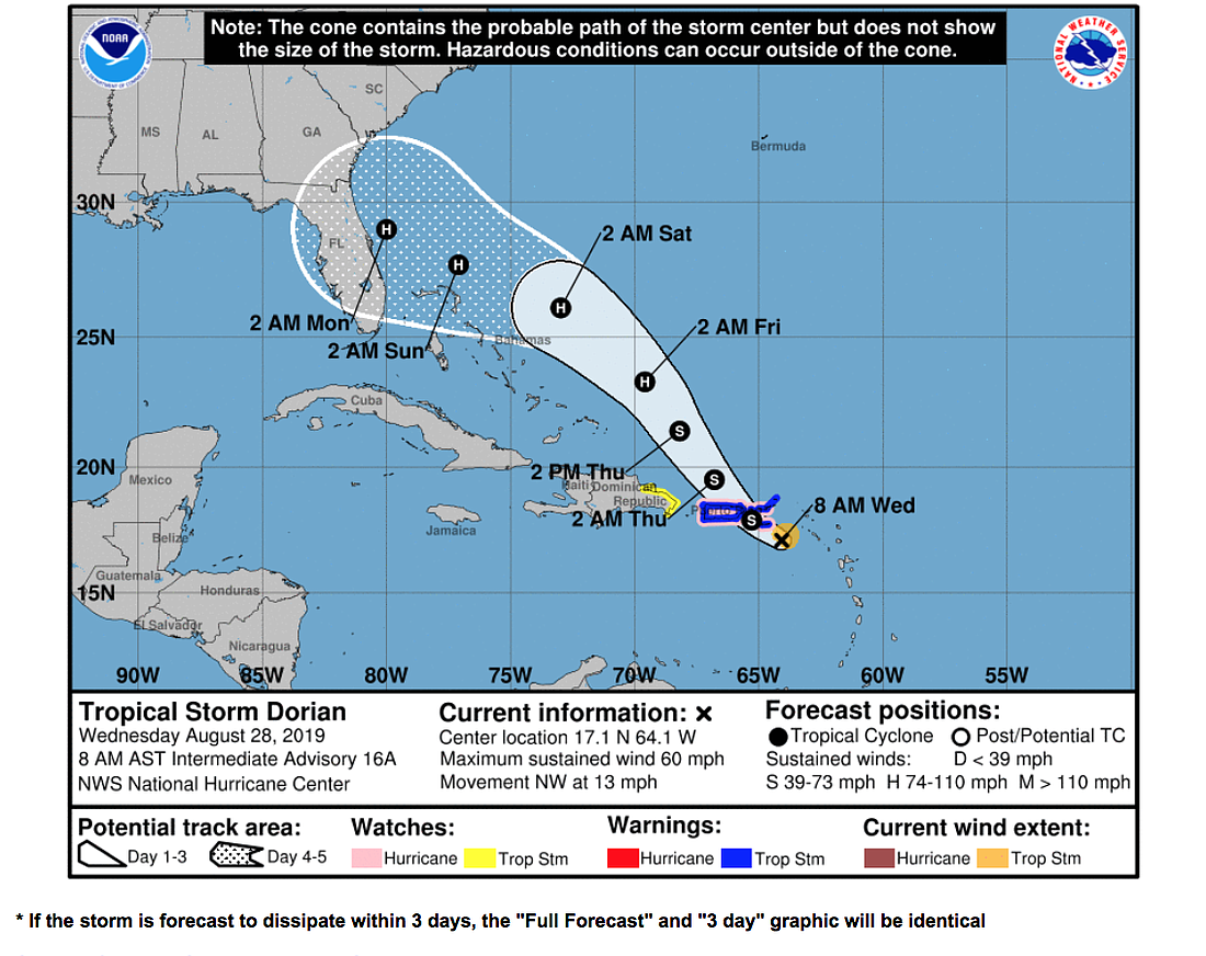 The forecast track for Dorian, as of the morning of Wednesday, Aug. 28. See https://www.nhc.noaa.gov/refresh/graphics_at5+shtml/204140.shtml?cone for updates.
