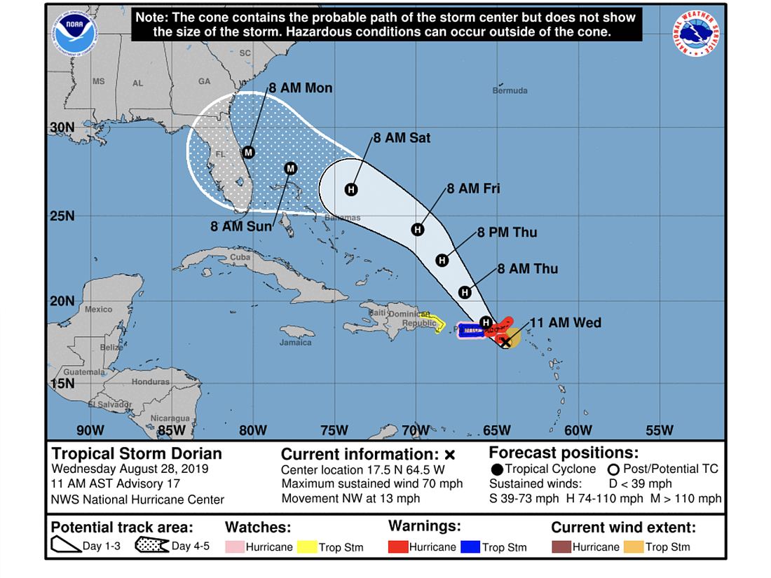 The storm's track as of the afternoon of Aug. 28, according to the NHC.