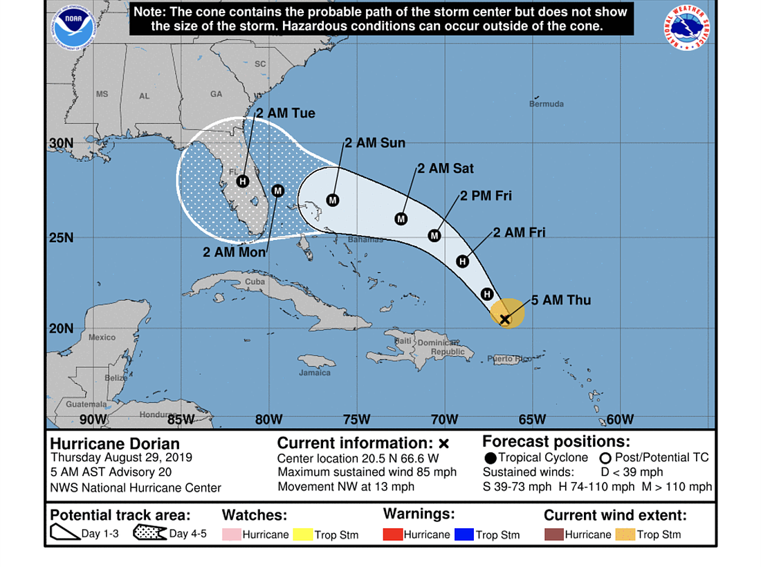The NHC's update as of the morning of Aug. 29 shows Dorian's predicted path over Florida, but forecasting models diverge after the 48-hour point.