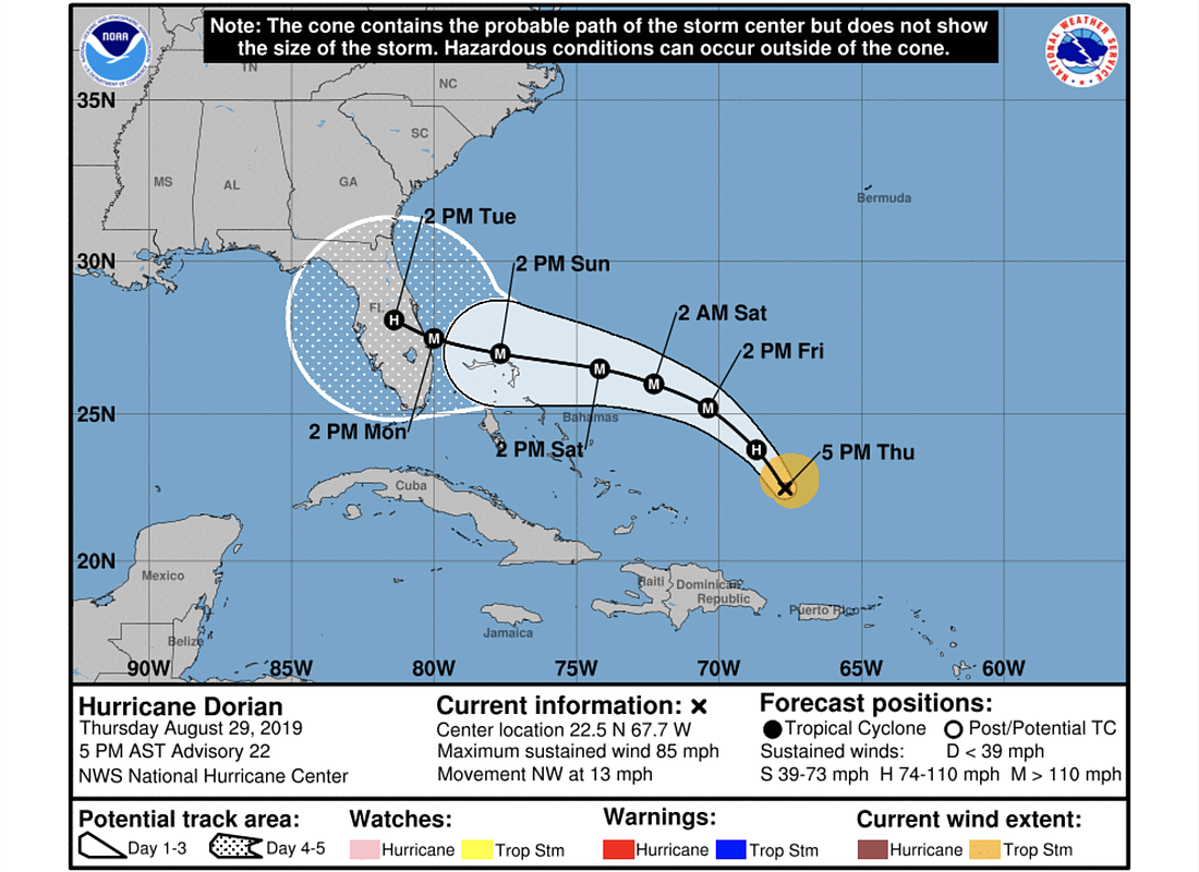 Hurricane Dorian's NHC track as of the evening of Thursday, Aug. 29.