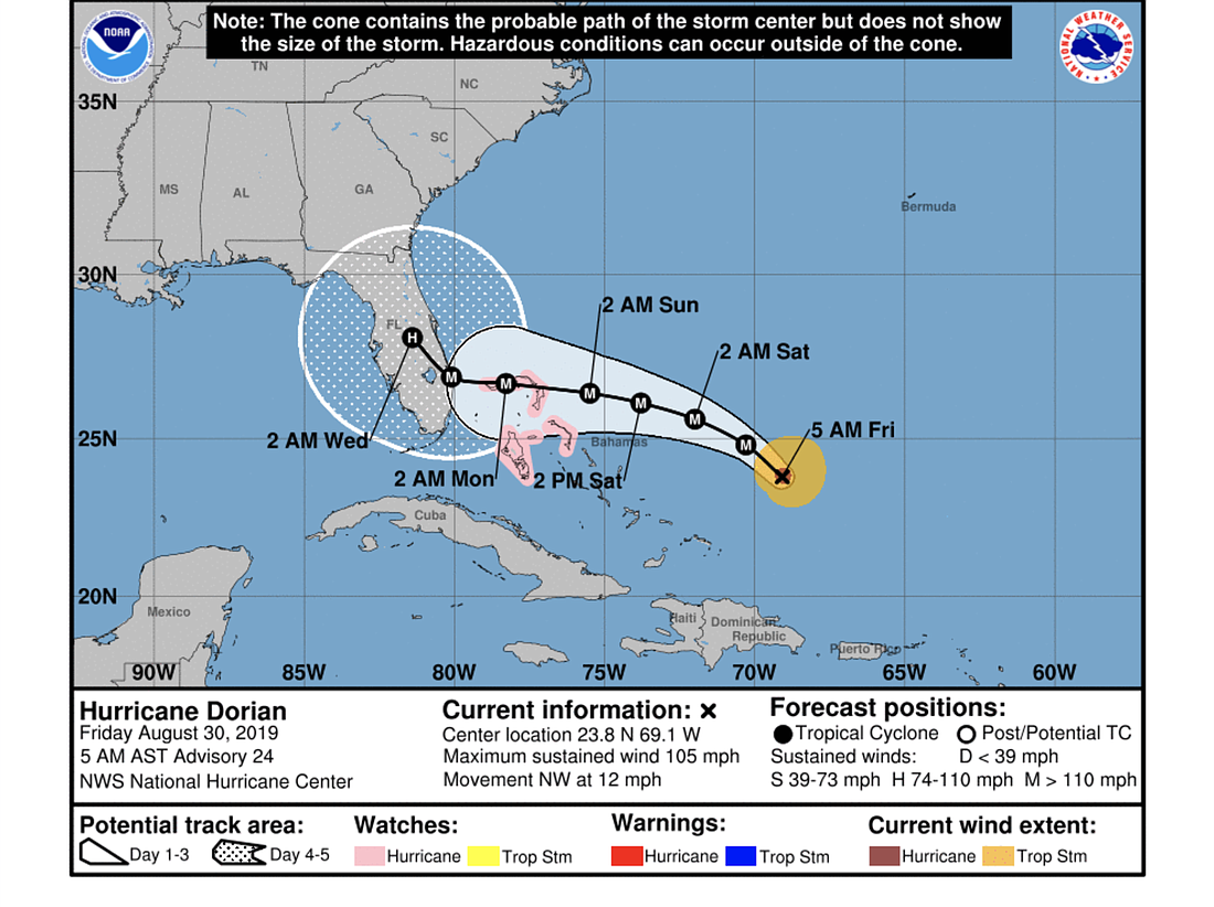 The NHC's track for Hurricane Dorian as of the morning of Friday, Aug. 30.