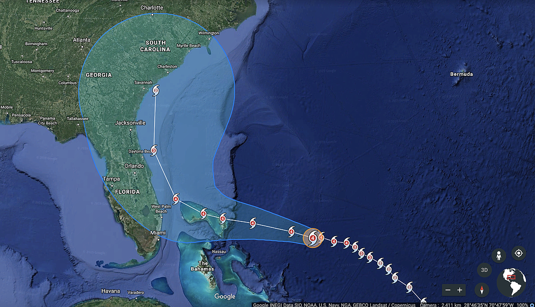 Hurricane Dorian shifts further east into the Atlantic. Courtesy of Google Earth INEGI Data