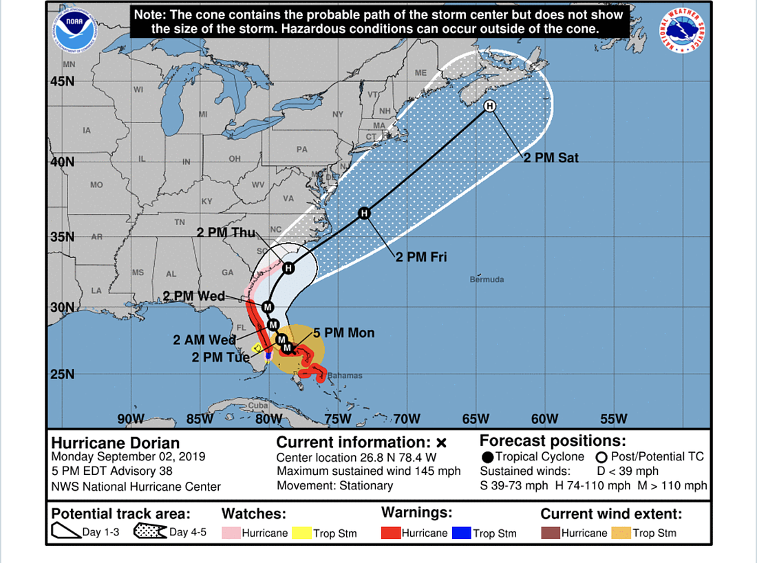 Dorian is expected to weaken but will still pass northern Florida as at least a Category 3, according to National Hurricane Center projections.