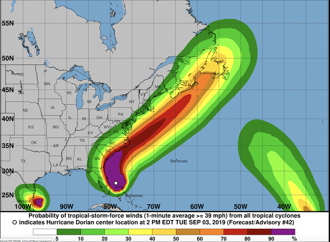Hurricane Dorian will coast along Florida's east coast tonight and tomorrow. Courtesy of the National Hurricane Center