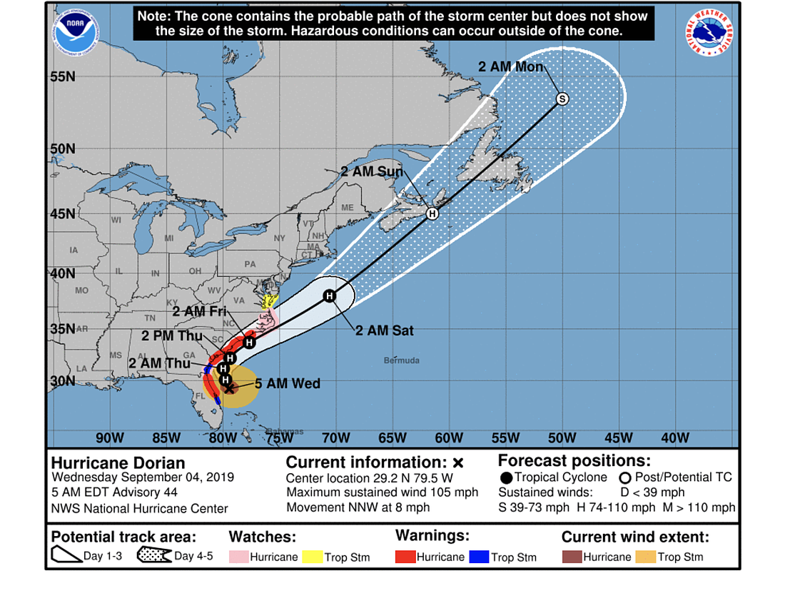 Hurricane Dorian's projected track as of the morning of Wednesday, Sept. 4, according to the National Hurricane Center.