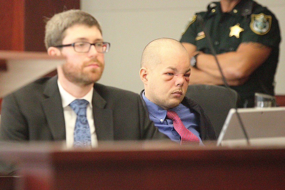 Joseph Bova, right, in court Sept. 24 during the jury selection process. Attorney Joshua Mosley is at left. (Photo by Jonathan Simmons)