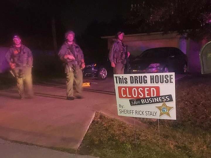 The Sheriff's Office included this photo with the press release, featuring the yard sign Sheriff Rick Staly has been using to advertise the agency's drug house arrests.