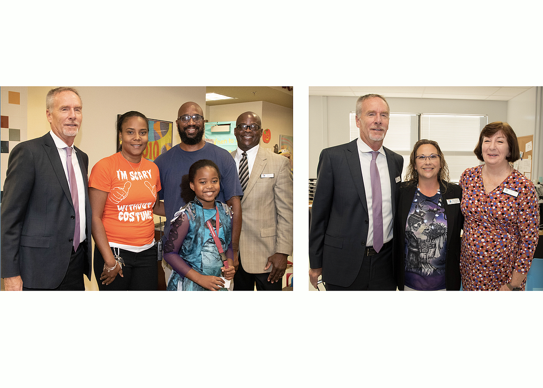 Left: James Tager, LaShakia Moore, Tirrell Moore (husband), Kennedy Moore (daughter), Dr. Earl Johnson. Right: James Tager, Erin Quinn, and Diane Dyer. Photos courtesy of Flagler Schools