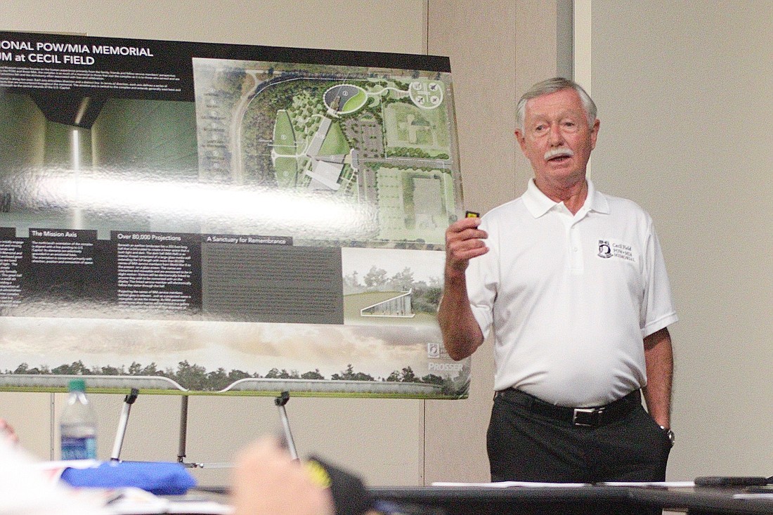 Sam Houston, chairman of the board for the National POW/MIA Memorial and Museum, addresses the Flagler County Veterans Advisory Council about the proposed memorial. Photo by Jonathan Simmons