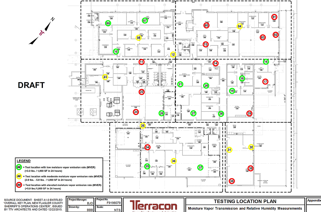 The areas circled in yellow and red are the testing locations where Terracon detected high moisture vapor emission rates from the Operations Center's slab. Image courtesy of the Flagler County government