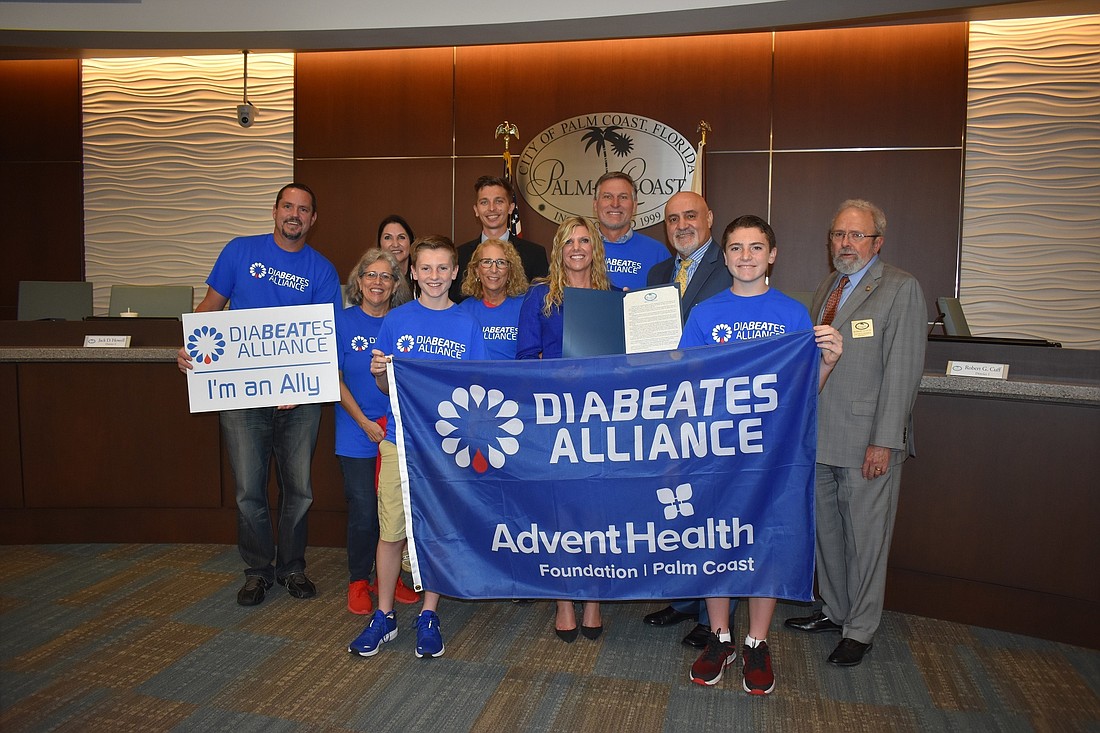AdventHealth Palm Coast Foundation present for Diabetes Awareness Month proclamation along with Palm Coast City Council members.